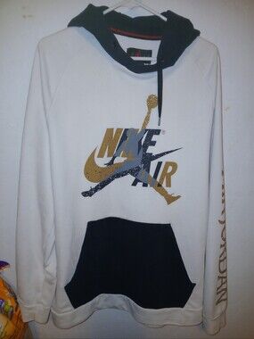 Nike Men's White Hoodie with Black Hood and Gold Graphic